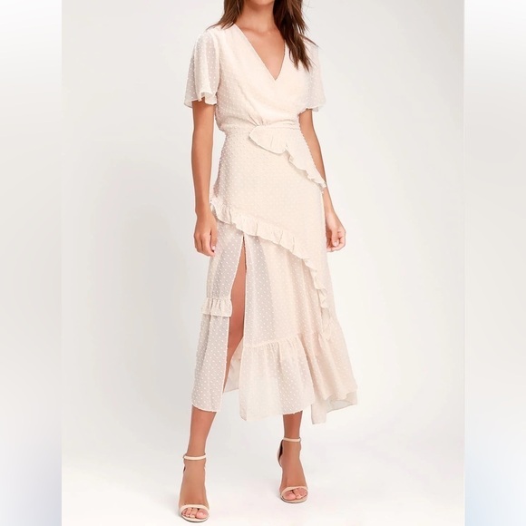 Lulus | NWT Next to You Cream Swiss Dot Ruffled Midi Asymmetrical Ruffle Dress M - Picture 7 of 7